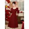 Vestido Toast Vermelho de Manga Longa com Decote Quadrado para a Noiva, Adequado para Casamento, Festa de Formatura, Noivado, Vestido de Noite e Uso Diário, Vestido Emagrecedor para Mulheres
