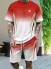 Conjunto de moda novo transfronteiriço europeu e americano, conjunto de shorts de manga curta com gola redonda em degradê com impressão digital 3D