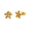 Pendientes Cruzados de Moda con Forma de Flor Simple Tachonados de Diamantes para Mujer, Elegantes Pendientes de Acero Inoxidable Chapados en Oro de 18K, Venta al por Mayor de Joyería en Stock