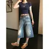 Jeans Cropped Tendência Carp Heart com Laço para Mulheres 2026 Novo Verão Solto Bordado Design Calça Wide-Leg