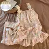Pijama Floral com Alças Finas para Mulheres, Verão, com Bojo Embutido, Algodão Nuvem, Xadrez, Renda, Estilo Princesa, Shorts, Roupa de Casa