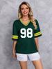 Camiseta feminina solta com decote em V, meia manga, estampa de letras esportivas europeias e americanas, produtos internacionais