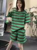 Traje Casual Talla Extra para Mujer 2026 Nuevo Conjunto de Dos Piezas de Verano con Camiseta de Manga Corta a Rayas Bloque de Color y Pantalones Cortos para Mujer