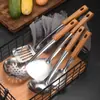 Espátula Colher de Aço Inoxidável Colher para Fritura Doméstica Espátula Colher Espátula de Cozinha Escorredor Espessado Anti-Escaldante Textura de Madeira Conjunto de Utensílios de Cozinha