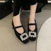 Sapatos Femininos de Lã Cinza da Moda com Fivela Quadrada de Strass, Sapatos Mary Jane Ballet Estilo Chanel, Sapatilhas Forradas com Lã Inverno 2026