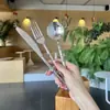 Cuchillo y Tenedor de Acero Inoxidable 304 con Mango de Bambú, Cubiertos Occidentales Creativos Estilo Hotel, Juego Doméstico de Cuchillo, Tenedor y Cuchara para Bistec 3D
