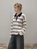 Ummoimoi Suéter de punto de manga larga a rayas color block con cuello tipo polo estilo coreano para mujer, diseño 2026, corte holgado, efecto adelgazante