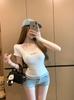 Camiseta de Mujer Coreana a Cuadros Falsa de Dos Piezas Bloques de Color Manga Corta Delgada de Moda de Gama Alta con Cuello Halter y Cordones Top de Verano