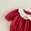 Macacão de Manga Longa para Bebê Menina Mês Completo 2025 Outono Novo Estilo Recém-Nascido Aniversário de 100 Dias Macacão Bordado com Gola de Boneca