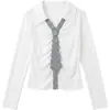 Camiseta gris de manga larga ajustada estilo universitario para mujer, nuevo modelo otoño 2026, cuello polo con corbata de cuadros, top único
