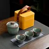 Juego de Té de Viaje Horno Ru, un juego con una tetera y tres tazas, bolsa de viaje portátil, película de apertura, puede elevar la taza exprés, regalo de acompañamiento para negocios