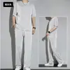 Traje de Seda de Hielo con Caída Pesada para Hombre Verano Simple Elegante Camiseta de Manga Corta Pantalones Transpirable Casual Ropa Deportiva