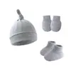 Estilo Comércio Exterior Chapéu Pulôver Liso para Bebê com Orelhas Conjunto de 3 Peças de Chapéu Luvas Botinhas para Recém-Nascido 0-6 Meses