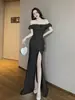 Vestido Negro Estilo Hepburn Francés para Mujer, Verano de Gama Alta Elegante Ceñido a la Cintura Vestido de Fiesta de Cumpleaños con Falda Larga de Abertura