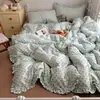 Juego de ropa de cama de cuatro piezas estilo coreano INS con lunares, borde de volantes de algodón puro, juego de tres piezas de doble capa de gasa de algodón para dormitorio de estudiante, Clase A