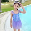 Maiô Infantil para Meninas, Modelo Peça Única com Saia e Alças, Esportivo e Casual, Adequado para Fontes Termais, Alta Elasticidade, Respirável, Estilo Pequena Princesa