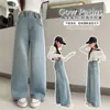 Jeans de Primavera y Otoño para Niñas con Pedrería 2026 Nuevo Estilo Casual Versátil Pantalones de Pierna Ancha Sueltos Rectos Largos Modernos