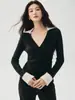 Chique urbano~Suéter de cashmere com blocos de cor e decote V cruzado para mulheres, cardigã de tricô com mangas compridas e corte justo, com gola de lapela