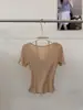 Camiseta de Manga Corta Azul con Adorno de Encaje Trenzado Estilo Coreano para Mujer, Top de Verano Ajustado