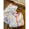 Pijama de Algodão com Manga Longa, Estilo Ins, Estilo Preguiçoso, Bloqueio de Cores, para Mulheres, Primavera e Outono 2025, Novo Conjunto Macio e Aconchegante com Calça Longa, Roupa de Casa