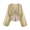 Atacado Verão 2026 Novo Estilo Europeu e Americano Roupas Femininas Manga Longa Patchwork Cintura Elástica Estilo Blusa 1071