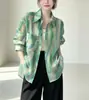 Blusa de Gasa con Estampado Verde Francés para Mujer Camisa de Longitud Media Nueva de Verano para Mujer Holgada Adelgazante Versátil Camisa de Manga Larga