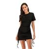 Falda Cubre Cadera de Comercio Exterior Europeo y Americano Transfronteriza para Mujer Talla Grande Cuello Redondo Manga Corta Plisada con Cordón Vestido Cubre Cadera Fabricante Mayorista