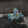 Anillo Danza de Doble Mariposa con Incrustaciones de Plata Tailandesa y Jade Chiba, Anillo Abierto de Mariposa Hueca Imitación Hetian Jade Esmaltado, Joyería para Mujer