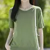 2026 Verano Nuevo Algodón Puro Cuello Redondo Tejido Manga Corta Color Sólido Borde Enrollado Calado Camiseta Base Camiseta Top