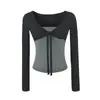 Camiseta de Manga Larga Patchwork Bloque de Color Reductora de Edad Dulce y Picante Falsa Dos Piezas Otoño Nuevo Estilo Ajustada Corta Top Base Chica Picante para Mujer