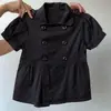 Camiseta lisa de manga curta com gola de lapela e botões grandes, estilo Ins, top/cardigan casual retrô americano exclusivo para mulheres