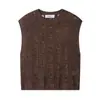 Exportação Transfronteiriça Roupas Femininas Outono 2025 Estilo Europeu e Americano Gola Redonda Sem Manga Recorte Tricô Malha Camiseta Top Feminino A36673F