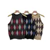 Otoño Temprano 2025 Moda Coreana Cuello Redondo Cuello Halter Color de Contraste Cuadros de Rombos Sin Mangas Chaleco de Punto de Terciopelo Andy