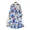 Vestido Floral Estilo Romântico Francês com Manga Bufante para Mulheres 2026 Outono Decote V Cintura Marcada Emagrecedor Elegante Chiffon Saia Evasê