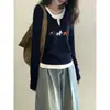 Camiseta de manga larga de dos piezas falsas de diseño vanguardista para mujer, moda Ins, versátil, tacto de alta gama, azul marino, top de algodón puro, otoño