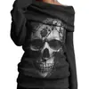 HB041: Top europeu e americano estilo punk com estampa de caveira, ombro a ombro, apresentando um design assimétrico de um ombro só, manga longa e corte solto.