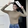 Top Básico de Cuello Alto Pequeño, Doble Cara Cepillado para Mujer, Novedad de Otoño, Top de Punto Versátil de Color Sólido, Top de Manga Larga Ajustado para Capa Interior