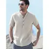 Camisas de verano nuevas de lino transpirables de manga corta con cuello alto para hombre, estilo retro americano, informales, holgadas y cómodas.