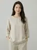 Camisa de Lino 100% Puro de Manga Tres Cuartos, Nuevo Estilo de Verano para Mujer, Elegante Suéter Casual de Cuello Redondo, Camiseta Artística para el Trabajo