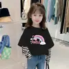 G2414 # Camiseta de Manga Larga Falsa de Dos Piezas de Algodón Puro para Niñas, Primavera y Otoño, Estilo Coreano Versátil Camiseta Básica Rayada para Niños Mayores.