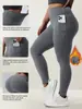 Leggings de otoño e invierno con forro polar y bolsillos talla grande, pantalones deportivos de yoga de cintura alta con bolsillos estilo europeo y americano, pantalones ajustados cálidos transfronterizos
