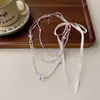 Collar Apilado de Tres Capas con Lazo de Perlas para Niña de Ballet Cadena para Clavícula con Lazo Lazo Azul Polvo