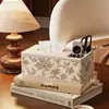 Caja de pañuelos de lujo de alta gama estilo retro americano para dormitorio y sala de estar, almacenamiento integrado para control remoto, dispensador de pañuelos multifuncional para el hogar