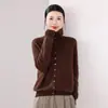 Cardigã de malha escovada com gola alta para mulheres, mistura de seda-lã-caxemira, casaco de manga comprida, nova coleção outono/inverno, peça de outer wear de cor sólida
