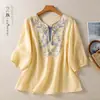 Camisa de Algodón Lino Estilo Chino Bordado Pesado Cuello en V con Cordones para Mujer, Top Delgado Transpirable de Verano, Elegante Blusa de Lino que Reduce la Edad