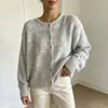 Bestseller transfronterizo europeo y americano: cárdigan de punto suave de color liso para mujer, abrigo suéter mullido de un solo pecho con cuello redondo para otoño e invierno