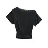 Camiseta corta de encaje con retazos, hombros descubiertos y manga corta para mujer, diseño de verano con efecto reductor y entallado en la cintura