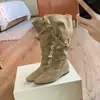 Botas Femininas de Cano Longo com Salto Bloco e Cadarço US West 2026 Botas de Sarja Marrom Botas de Cano Alto Bico Quadrado