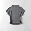 T354-22 Camiseta Pulôver Manga Curta Gola Alta Pequena Estilo Coreano Slim Fit Lado Pregueado Cor Doce Malha Top