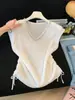 Top de Punto Estilo Coreano Dulce y Atractivo con Cuello Adornado con Diamantes y Mangas Cortas tipo Mariposa para Mujer, Verano Juvenil y Elegante Top Adelgazante con Cordón para Ajustar la Cintura
